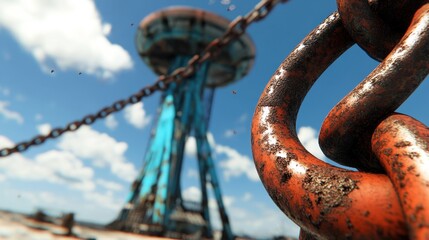 Naklejka premium Rusty chain foreground with blurred tower backdrop