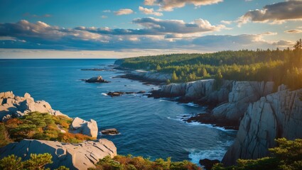 Scenic Maine Coastline at Sunset with Rocky Shores and Lush Greenery Ideal for Nature Photography and Text Overlay