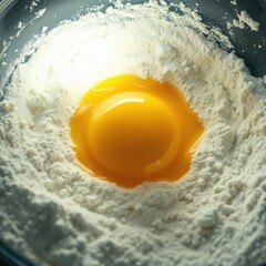 Egg yolk nestled in a bed of flour, ready for mixing in a bowl. Preparation for baking or cooking.