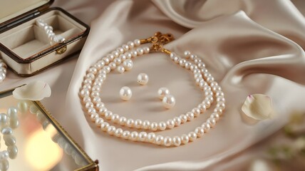 Luxurious pearl necklace and earrings elegantly displayed on satin fabric with a vintage jewelry box, scattered pearls, and soft golden-hour lighting.