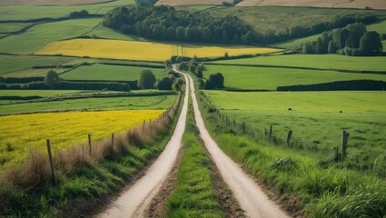 Fototapeta premium Scenic Rural Landscape View of a Dirt Road Through Lush Meadows and Fields Leading Towards a Gentle Hill in Agricultural Area