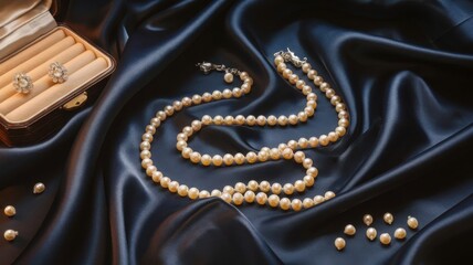 Luxurious pearl necklace and earrings elegantly displayed on satin fabric with a vintage jewelry box, scattered pearls, and soft golden-hour lighting.