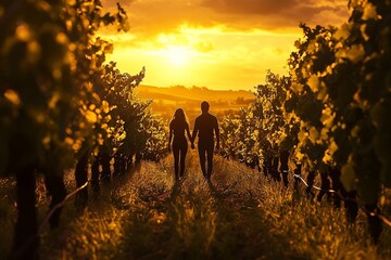 couple walking hand in hand through a vineyard at sunset