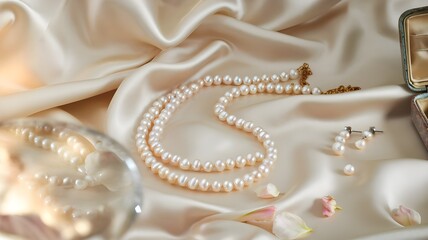 Luxurious pearl necklace and earrings elegantly displayed on satin fabric with a vintage jewelry box, scattered pearls, and soft golden-hour lighting.