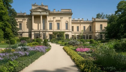 Obraz premium Grand Yellow Manor House with Vibrant Flower Garden