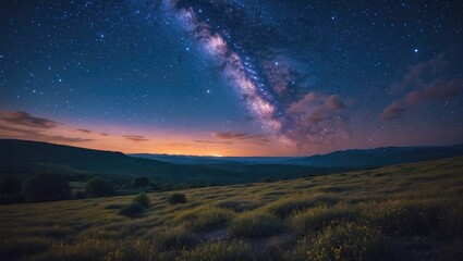 Fototapeta premium Stunning Night Sky Over Serene Landscape with Milky Way and Stars Illuminating the Horizon.