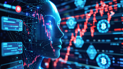 wide panoramic portrait of a woman looking and analyzing at digital screen with different cording and charts in dark blue background, light coming from screen project on the face