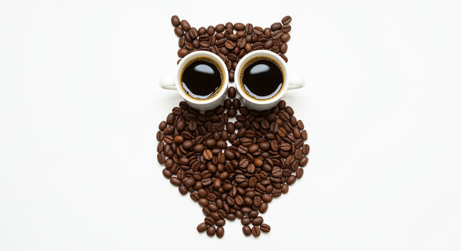Creative owl shape made from coffee beans and cups, artistic coffee concept - Powered by Adobe