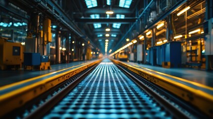 Industrial Warehouse Interior with Long Aisle and Symmetrical Lighting for Storage and Logistics Purposes