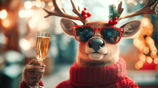 A whimsical and festive reindeer wearing stylish sunglasses holds a glass of champagne, exuding holiday cheer and cool vibes. With its antlers decorated and a jolly expression, this playful scene capt