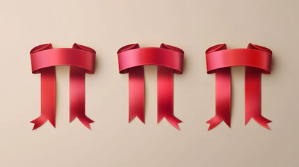 Red ribbon banner isolated. Satin tag or sale badge offer. 3d silk flag set. Bookmark mockup design. Vintage promo header template icon. Fabric price emblem or blank promotion sticker decoration