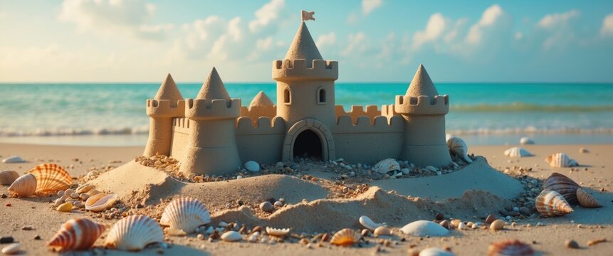 Sand castle on beach with seashells and ocean in background, evoking nostalgia and childhood memories, ideal for summer themes and designs.