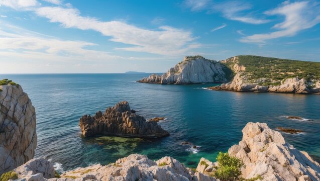 Scenic coastal view of rocky cliffs and clear blue sea with a distant island under a sunny sky ideal for nature and travel themes
