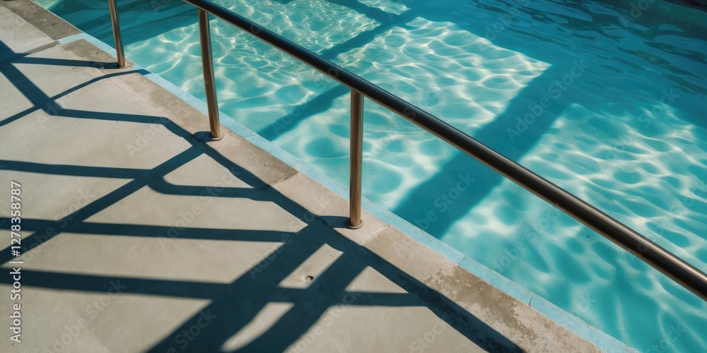 Poster shadows of a railing by a pool creating abstract patterns on the water surface with space for text a