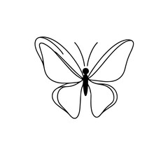 Simple Butterfly Outline on White Background, Black Lines with Delicate Wings and Thin Body