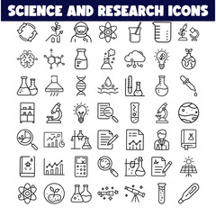 Science Research Icons Lab Equipment, Experiments, Space, and Nature