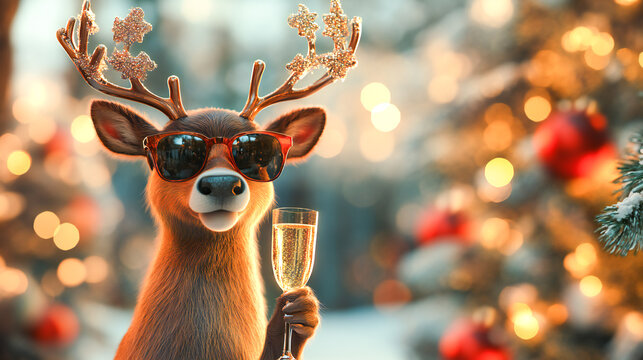 A whimsical and festive reindeer wearing stylish sunglasses holds a glass of champagne, exuding holiday cheer and cool vibes. With its antlers decorated and a jolly expression, this playful scene capt