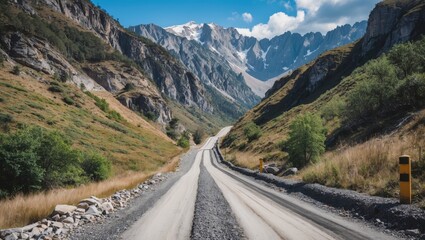 Fototapeta premium Mountain Backcountry Road Surrounded by Lush Greenery and Rocky Terrain with Majestic Peaks Under a Clear Blue Sky