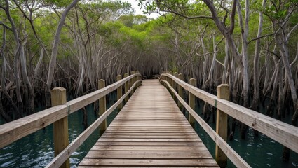 Scenic Wooden Bridge Over Tranquil Waters Through Lush Mangrove Forest Ideal for Nature Trail and Outdoor Adventure Promotion