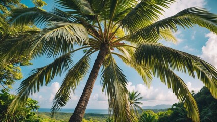 Majestic palm tree close-up against lush greenery and blue sky creating a tropical paradise with space for text and captions.