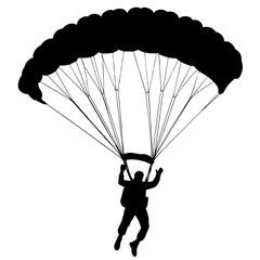 Silhouette of a parachutist descending from the sky with an open parachute, strapping connecting the parachute to the person, symbolizing adventure, thrill, and the excitement of skydiving and air spo