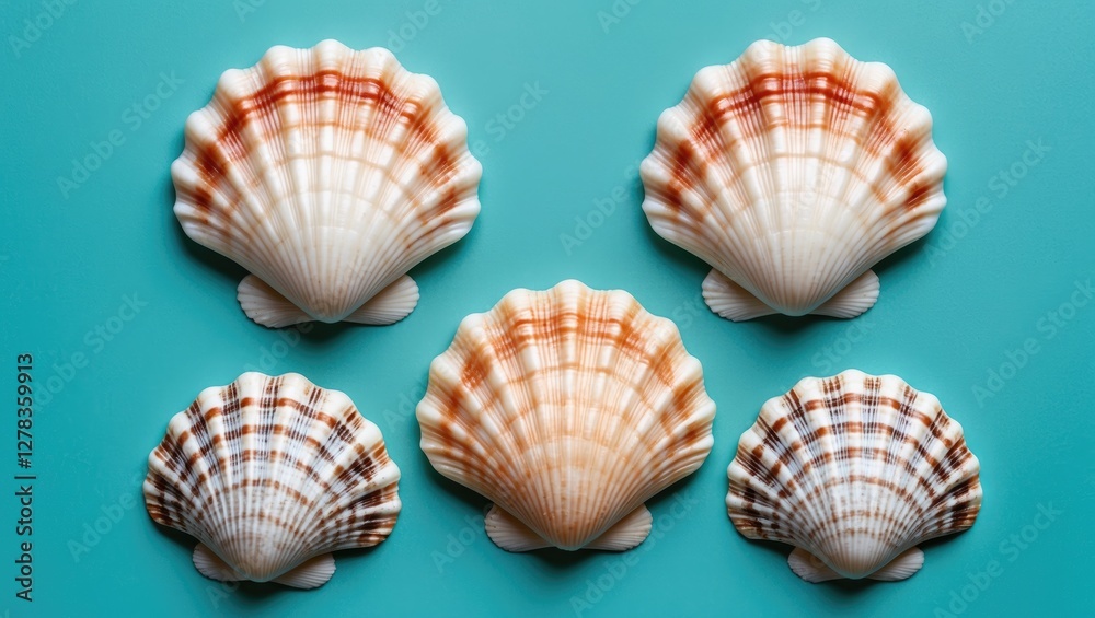 Poster five scallop seashells arranged on turquoise background with empty space for text and design element