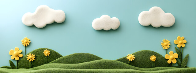 A cute wool felt scene with simple green hills, white clouds, and yellow flowers
