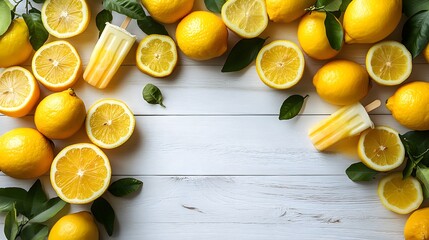 A Charming Display of Lush Lemon Popsicles and Fresh Lemons on a Pristine White Wooden Backdrop Celebrating the Joys of Summer