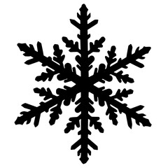 Black silhouette of a snowflake with six symmetrical rays, each with branches resembling twigs, symbolizing winter, cold, and the New Year, perfect for winter-themed designs and decorations.
