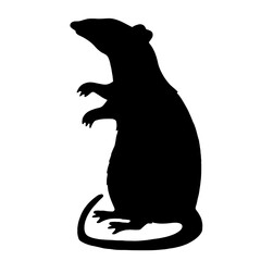 Silhouette of a rat standing on its hind legs with a long tail, lifted paws, and extended snout, symbolizing agility, cunning, and alertness, perfect for minimalist art or animal-related concepts.

