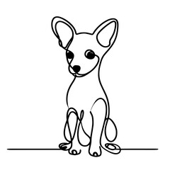 Minimalist one-line drawing of a sitting Chihuahua or toy terrier with large ears and expressive eyes, symbolizing simplicity and elegance in pet art.
