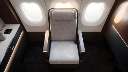 A business-class airplane seat in a sleek, contemporary cabin, captured from an overhead perspective. The clean lines of the seat and surrounding space provide a sense of luxury and privacy, while