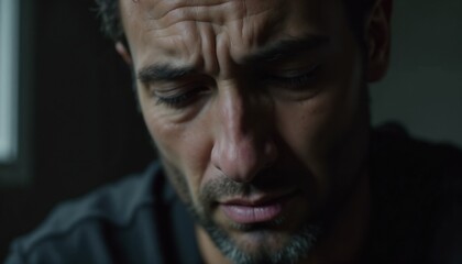 Obraz premium Silent pain depicted in a close-up of a man's face showing deep emotion against a blurred background