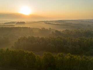 Sunlit fog over rural fields and meadows at dawn