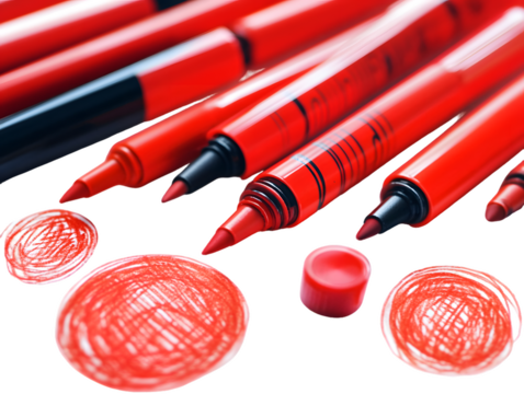 Red markers and their colorful marks on a transparent background. Close-up view showcasing various red shades and textures, PNG