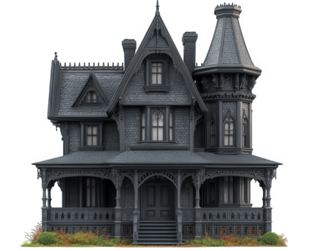 spooky, haunted house with intricate architecture and dark colors, featuring tower and detailed trim. eerie atmosphere evokes feelings of mystery and intrigue