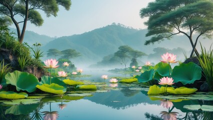 Serene Landscape with Lotus Flowers on Calm Water, Surrounded by Lush Greenery and Misty Hills, Ideal for Tranquil Nature Themes