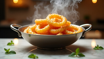Golden Crispy Onion Rings – Delicious Fried Snack with Steam in a Rustic Bowl.