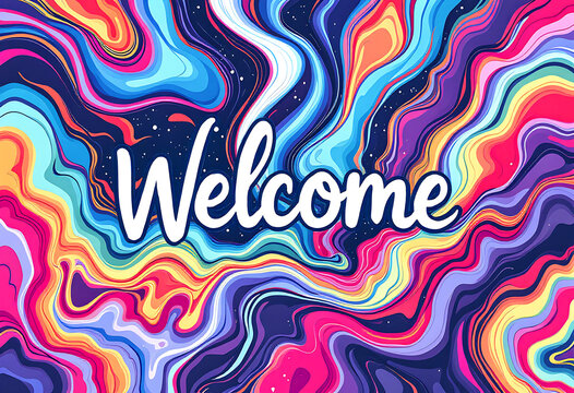 Welcome Sign bunner calligraphic inscription with smooth lines Colorful background. Text for postcard, invitation, T-shirt print design, banner, poster, web, icon.