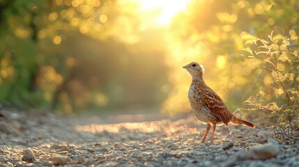 A solitary bird standing on a sunlit gravel path during a golden hour, surrounded by lush greenery and soft bokeh effects