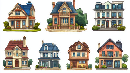 City houses, buildings for apartments, office or store isolated on white background. Vector cartoon set of facade of residential house, business and commercial architecture in modern and classic style