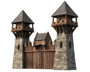 medieval wooden fortress featuring tall watchtowers and sturdy gate, showcasing intricate architectural details and rustic charm