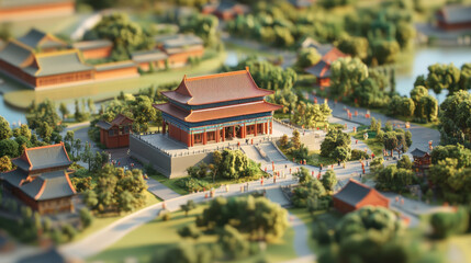 Fototapeta premium AmeticulouslydetailedminiaturereplicaofaChinesetemplecomplex,nestledwithinalush,landscapedenvironment.
