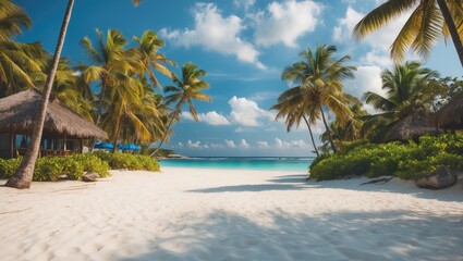 Tropical Paradise Beach Scene with White Sand Palm Trees and Clear Blue Sky Perfect for Summer Vacation and Relaxation Promotions
