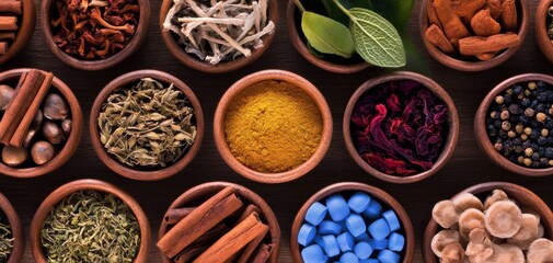 Organic spices and earthy herbs bring natural flavors to the kitchen, offering a colorful and aromatic experience for food enthusiasts . a rustic yet sophisticated display, celebrating of cooking