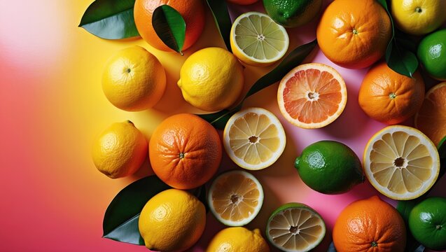 Vibrant Collection of Tropical Citrus Fruits on Colorful Background Summer Flat Lay Display Fresh and Juicy Citrus Varieties Perfect for Food Concepts