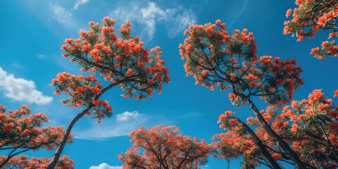 Vibrant Tropical Flowering Trees with Bright Blossoms Against a Clear Blue Sky and Ample Blank Space for Text or Messaging