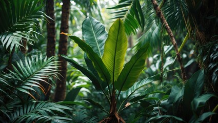 Obraz premium Lush Tropical Rainforest with Vibrant Green Leaves and Dense Foliage in Natural Habitat Perfect for Nature and Ecology Themes