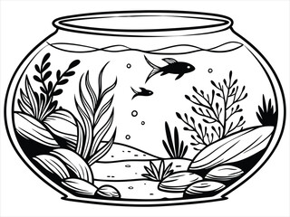 Monochrome drawing of a round fish tank with two fish, swimming among aquatic plants and stones, highlighting the natural beauty of an aquarium