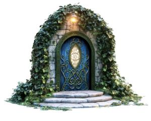 fantasy style glowing elven entrance surrounded by lush greenery, featuring beautifully designed door with intricate patterns and warm light illuminating scene